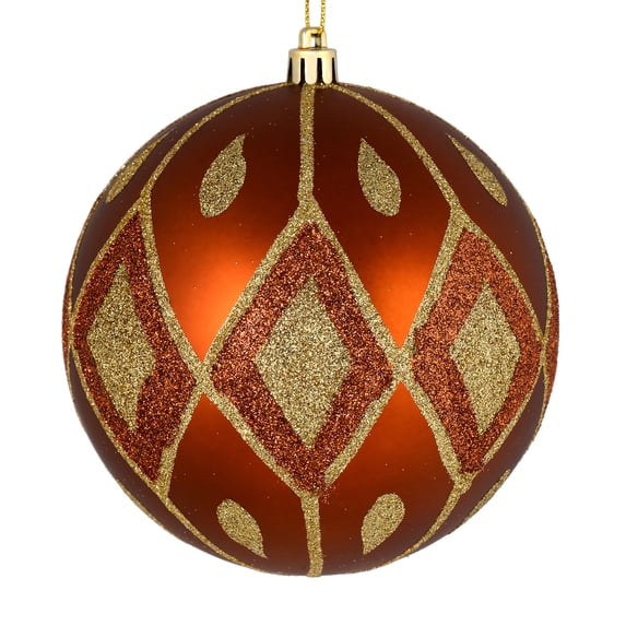 Vickerman 4" Copper Matte Ball with Glitter Diamond Pattern. Add variety and sparkle to your holiday arrangement with this matte ornament that features a glitter pattern. Includes 4 pieces per bag. Ma