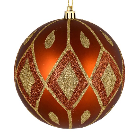 Vickerman 6" Copper Matte Ball with Glitter Diamond Pattern. Add variety and sparkle to your holiday arrangement with this matte ornament that features a glitter pattern. Includes 3 pieces per bag. Ma