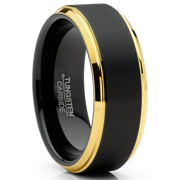 Metal Masters Mens Tungsten Ring Wedding Band Beveled Edges Comfort-fit Black Goldtone 8mm