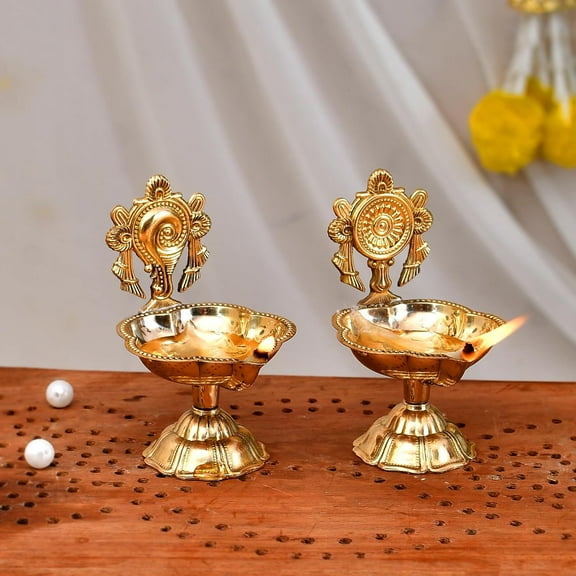 Pure Brass Shanku Chakra Kuber Diya | Brass Shanku Chakra Vilakku for Puja Room & Office Decor | Diwali Decoration Item for Home Decor | Festival Gift Item | Set of 2