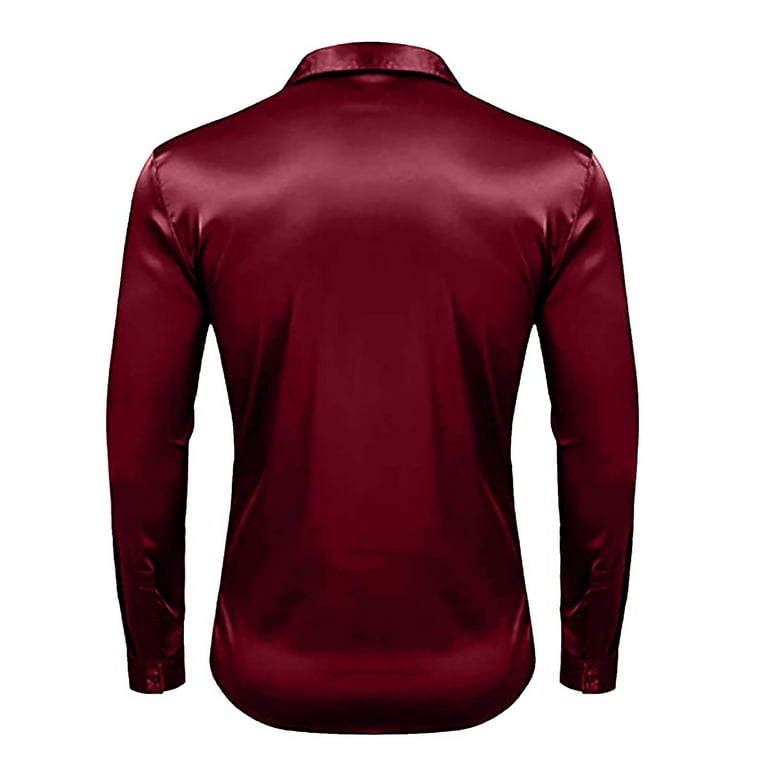 qILAKOG Men's Luxury Shiny Silk Like Satin Dress Shirt Long Sleeve Casual Slim Fit Muscle Button Up Shirts Wine S, Size: Small