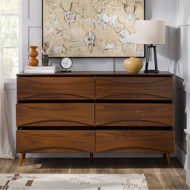 Walker Edison 58” Mid-Century Modern Curved Front 6-Drawer Dresser, Walnut