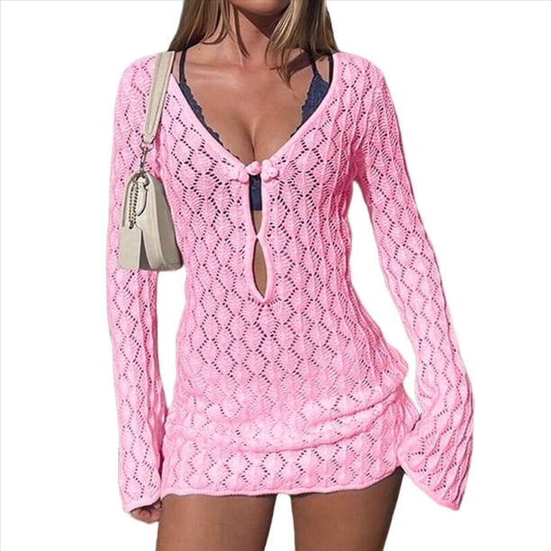 Vestido de Crochet de Larga para Mujer Rosa M