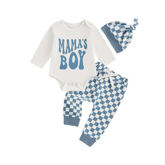 Baby Toddler Boys 3PCS Outfit 0 3 6 12 18 Months Long Sleeve Letter Print Romper Checkerboard Print Pants Hat Clothing Sets