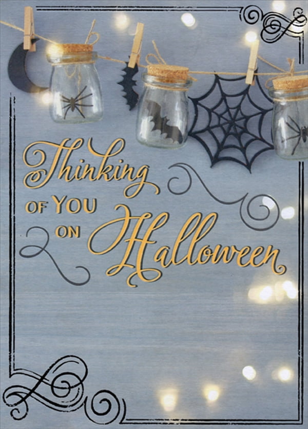 Designer Greetings Spider and Bat in Glass Jars Hanging From Clothesline Thinking of You Halloween Card