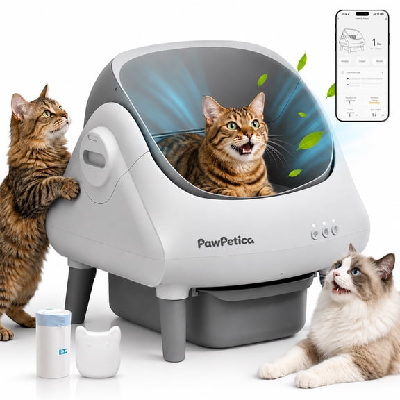 PawPetica Automatic Cat Litter Box Self-Cleaning with Safety Protection, Liners, Fragrance Included, Grey