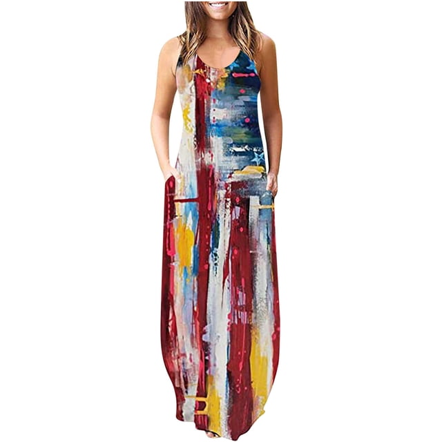 SMihono Robe Maxi Bohème d'Été pour Femmes Grande Taille Décontractée Jour de l'Indépendance Col Rond Poches Sans Manches Longue Robe de Plage