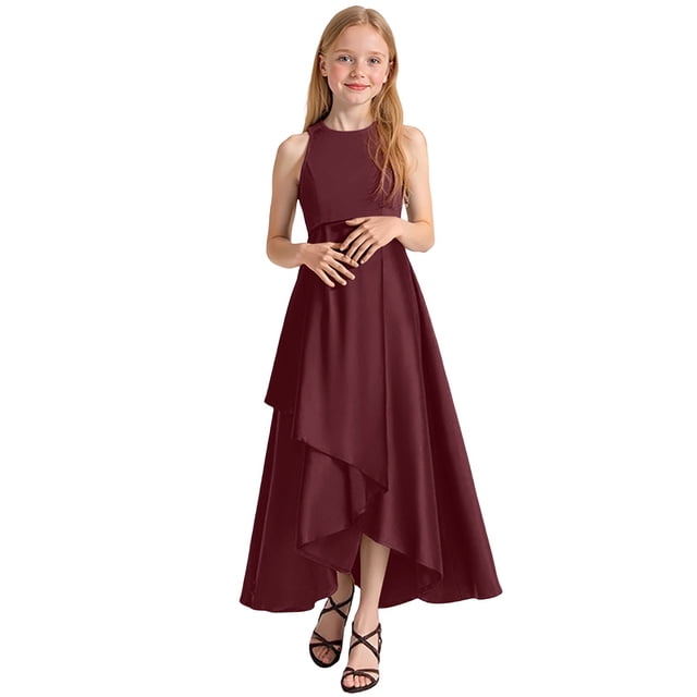 MIASHUI Robe de Fête Formelle Élégante pour Filles pour Récital Performance Concours Robe d'Été Sans Manches Tout-Petit à Adolescent Rouge Brique, 9-10 Ans