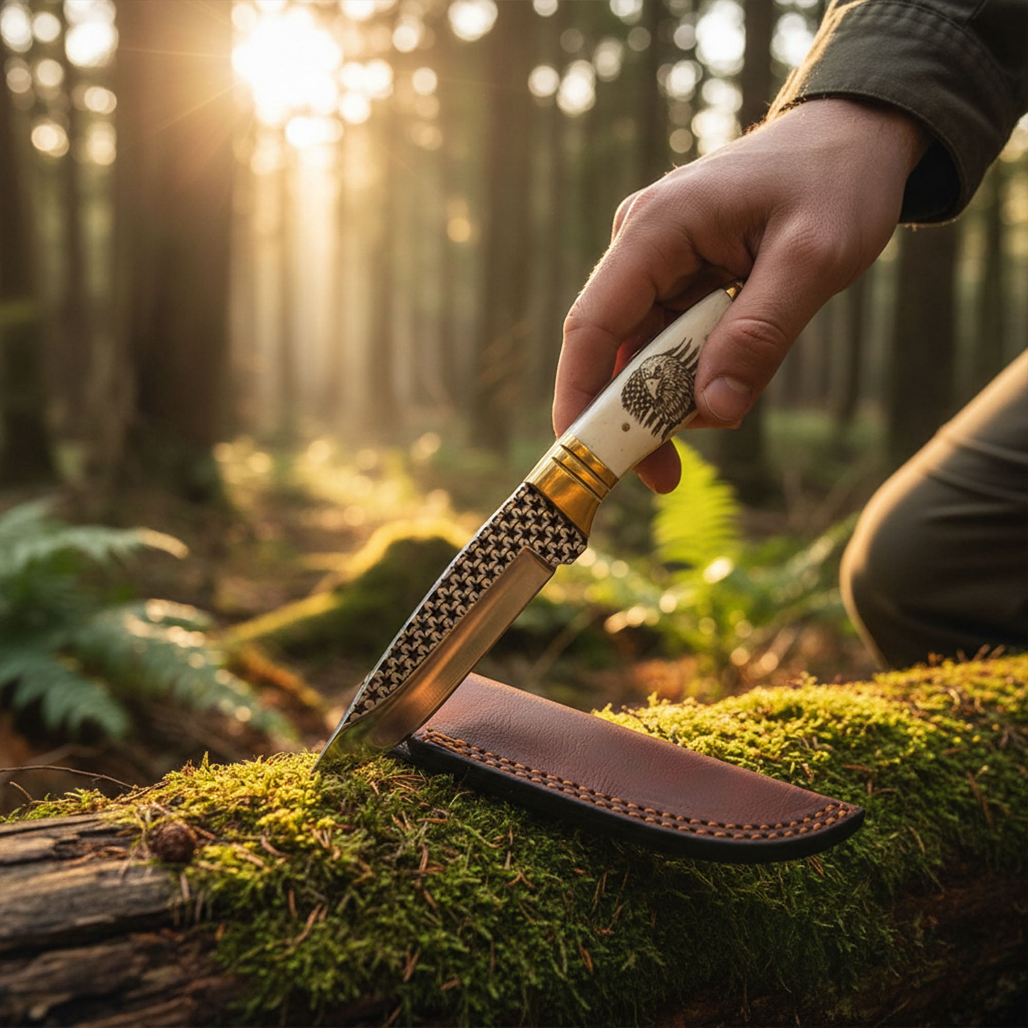 Rite Edge 8.25 Inch Bone Handle Fixed Blade Knife 8 Gauge Stainless Steel Blade Brass Bolster Laser Star Detail Leather Sheath Outdoor Knife