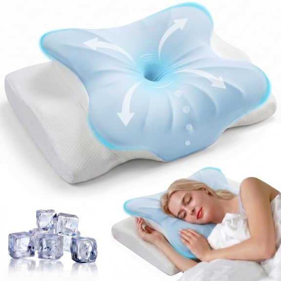BDEUS Cervical Pillow, Memory Foam Cooling Pillow for Neck Pain Relief, Side & Back & Stomach Sleepers, Breathable Removable Pillowcase, Queen, Blue