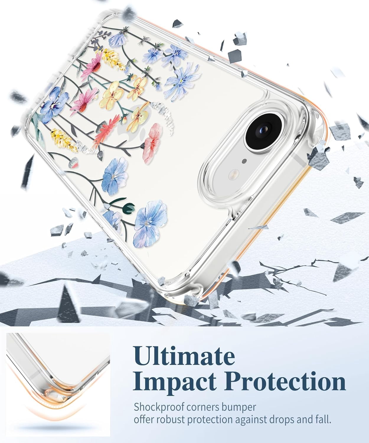 for iPhone 17e Case & iPhone 16e Case, [Non-Yellowing][Military-Grade Protection] Hard PC&TPU Bumper, Floral Shockproof Protective Clear Phone Case (Aconite/Light Blue)