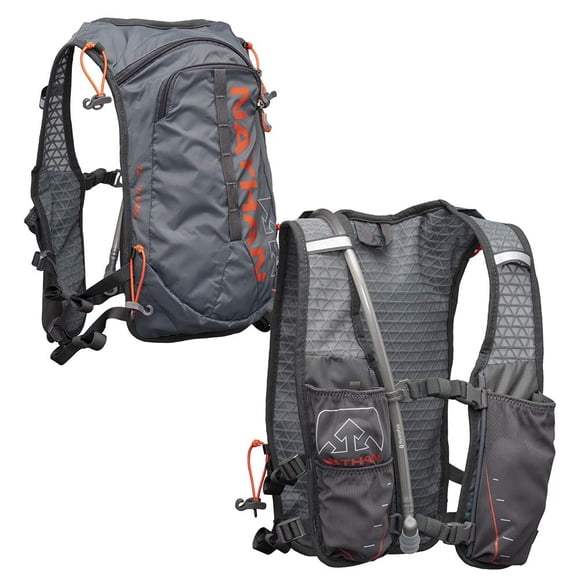 Chaleco para correr/paquete de hidratación Nathan TrailMix. 7L (7 Litros) para Hombres y Mujeres | Vejiga de 2L incluida (2 litros). Cremallera, soporte para teléfono, agua (carbón/gris acero/tomate c