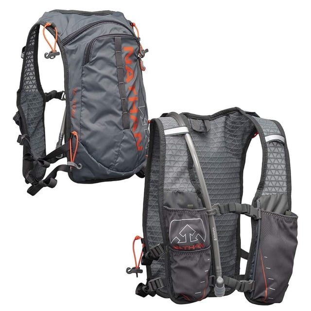 Chaleco para correr/paquete de hidratación Nathan TrailMix. 7L (7 Litros) para Hombres y Mujeres | Vejiga de 2L incluida (2 litros). Cremallera, soporte para teléfono, agua (carbón/gris acero/tomate c
