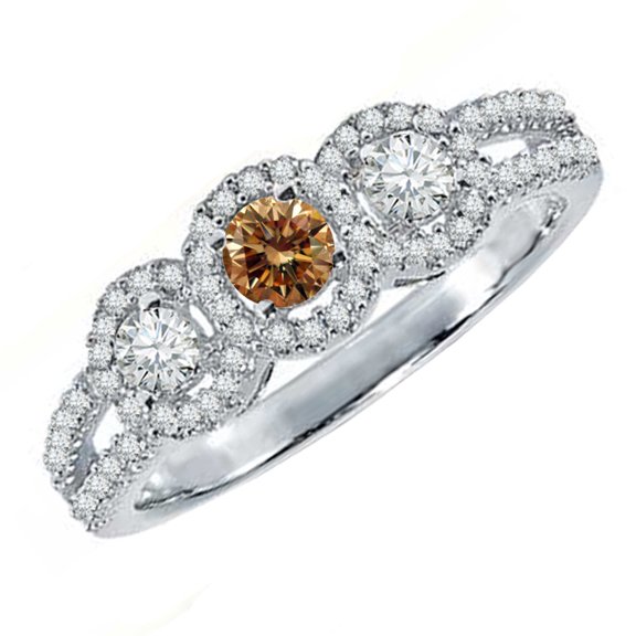 0.50 Carat (ctw) 14K Gold Round Champagne & White Diamond 3 Stone Split Shank Engagement Ring 1/2 CT