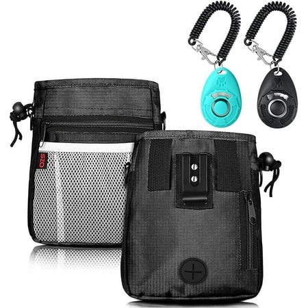 Dog Treat Pouch - 3 Ways to Wear Treat Pouches for Pet Training and 2 Pieces Clicker Taining for Dogs  Dog Training Treat Pouch Bag and Dog Clicker for Training with Waist Belt Shoulder Strap - Black