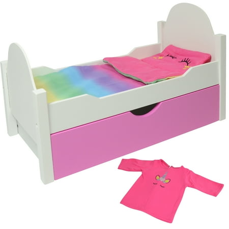 Unicorn Wooden Doll Bed with Trundle Fits 18 inch Dolls - Doll Bedding and Doll Unicorn Pajamas Included