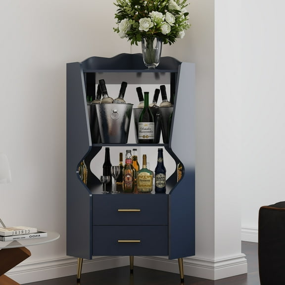 50" Tall Wooden Corner Bar Cabinet with 2 Open Storage Shelves, Mirrored Back Sideboard Cabinet with 2 Drawers, Display Cabinet with 6.7" Hight Feet for Livingroom Kitchen, Blue
