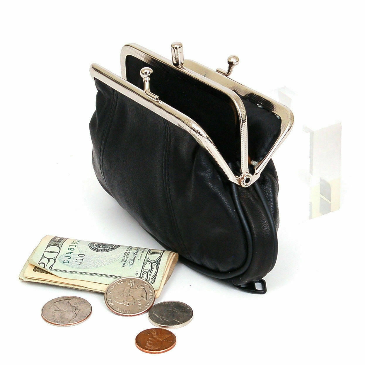 Black Genuine Leather Woman Coin Purse Double Frame Change Wallet New