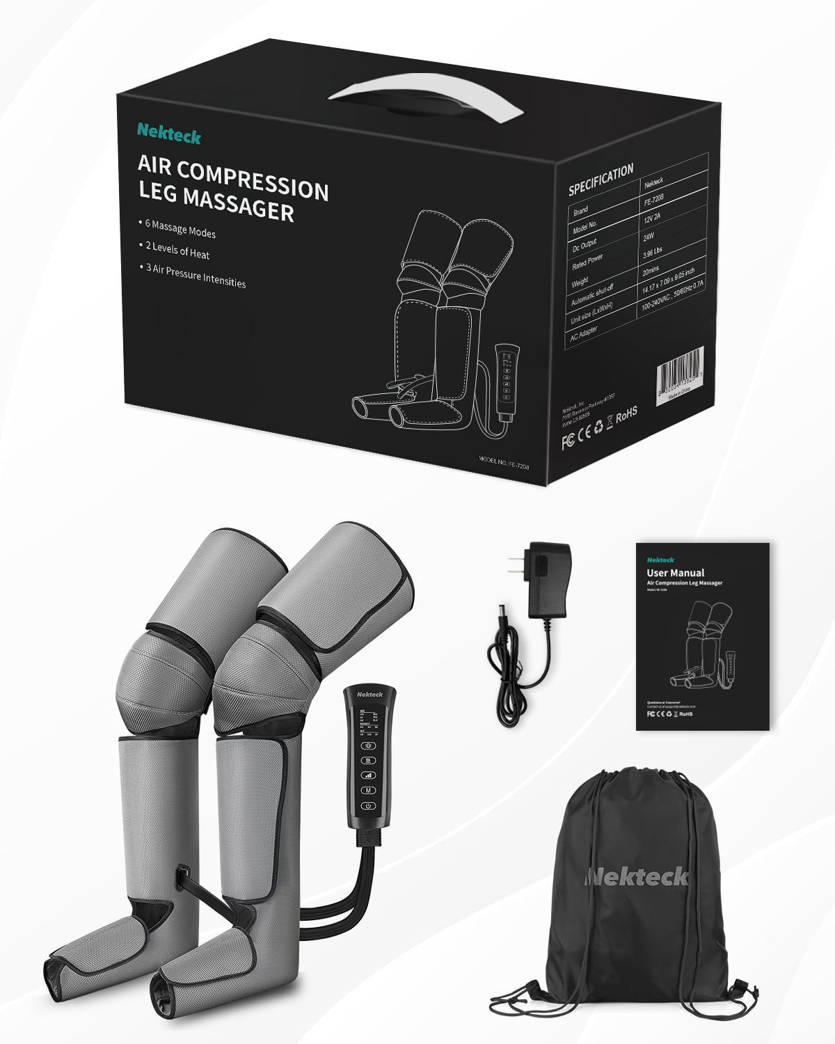 Nekteck Leg Massager for Circulation and Pain Relief, Air Compression Foot Calf Thigh Massager with 2 Heat and 3 Vibration Functions, 6 Modes 3 Intensities, Help for Muscles Relaxation