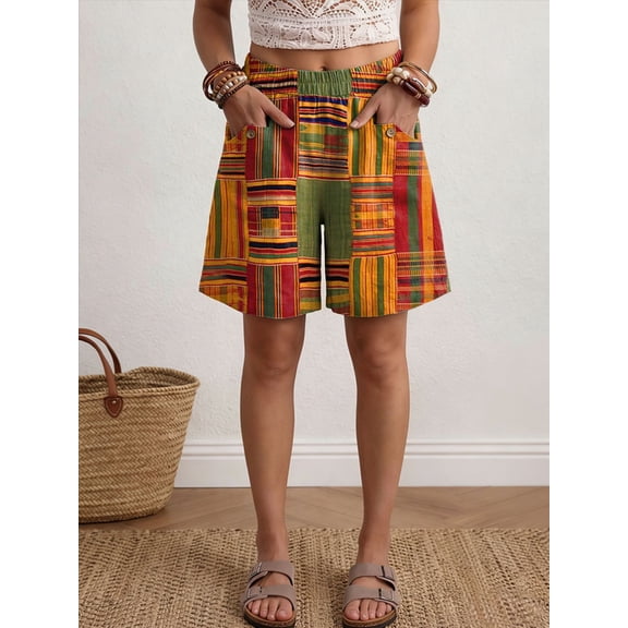 Day Resort Spirit Print High Waisted Casual Lounge Shorts with Pockets, Elastic Waist Athletic Beach