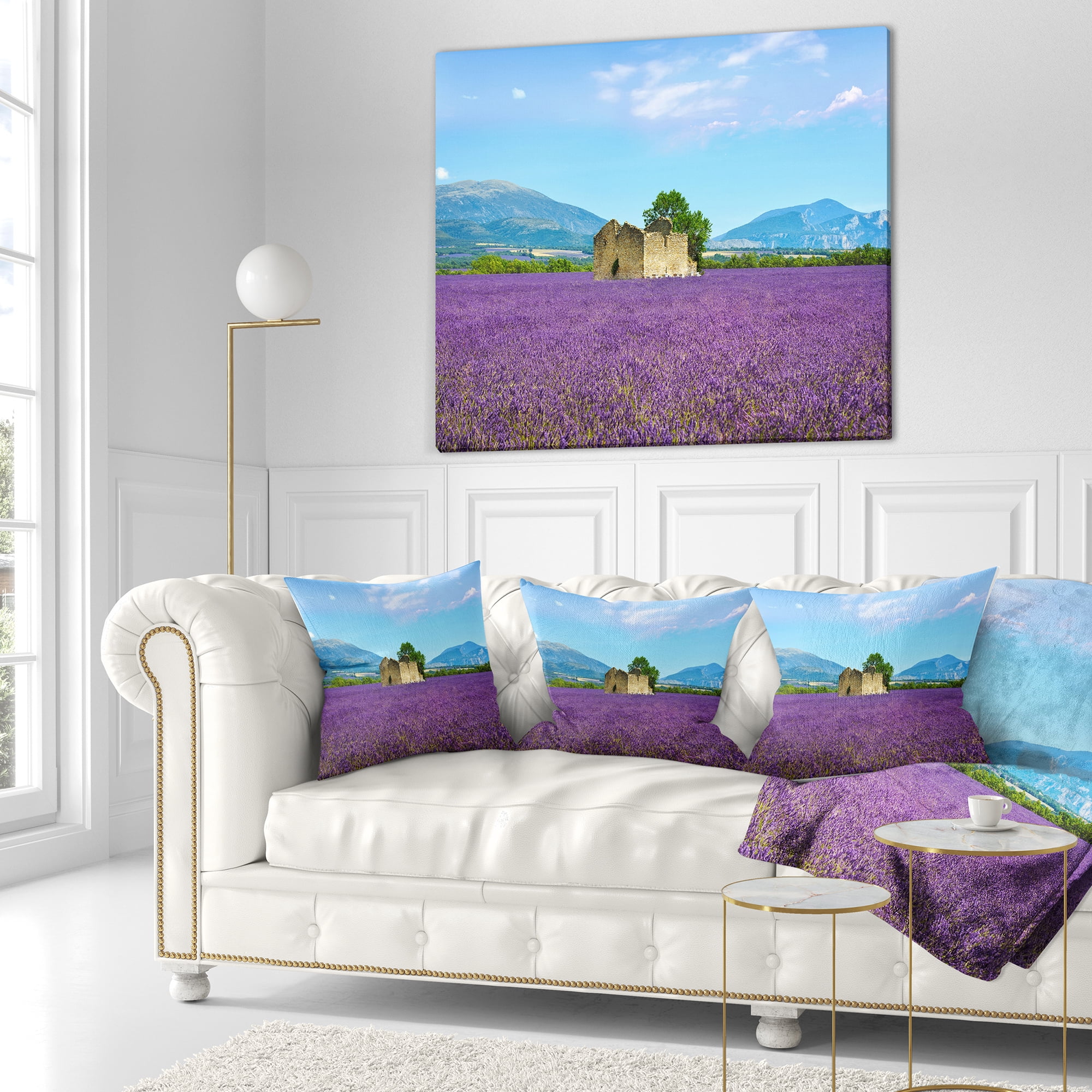 Designart Old House and Tree in Lavender Field - Landscape Wall Throw Pillow - 18x18