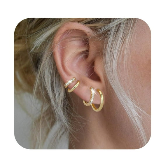Ydou Small Gold Plated Hoop Earrings for Women, 14K Gold Plated Huggie Hoop Earrings Set Thick Huggies 4 Pairs Women Gifts for Mom