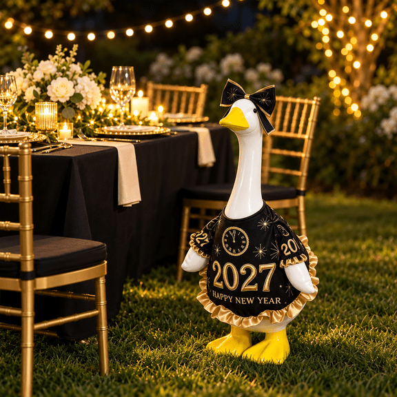 Kuokaa Porch Goose Outfit, 23 in Black Gold 2027 Happy New Year Goose Clothes Costume with Bow, Gooses Festival Set Decoration