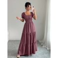 thumbnail image 5 of Womens Dusty Pink Square Neckline Tiered Maxi Dress Puff Sleeve Boho Style, 5 of 7