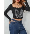 thumbnail image 6 of Musuos Women's Autumn Slim Gothic Crop Tops Black Long Sleeve Skeleton Print Lace Trim T-shirt, 6 of 10