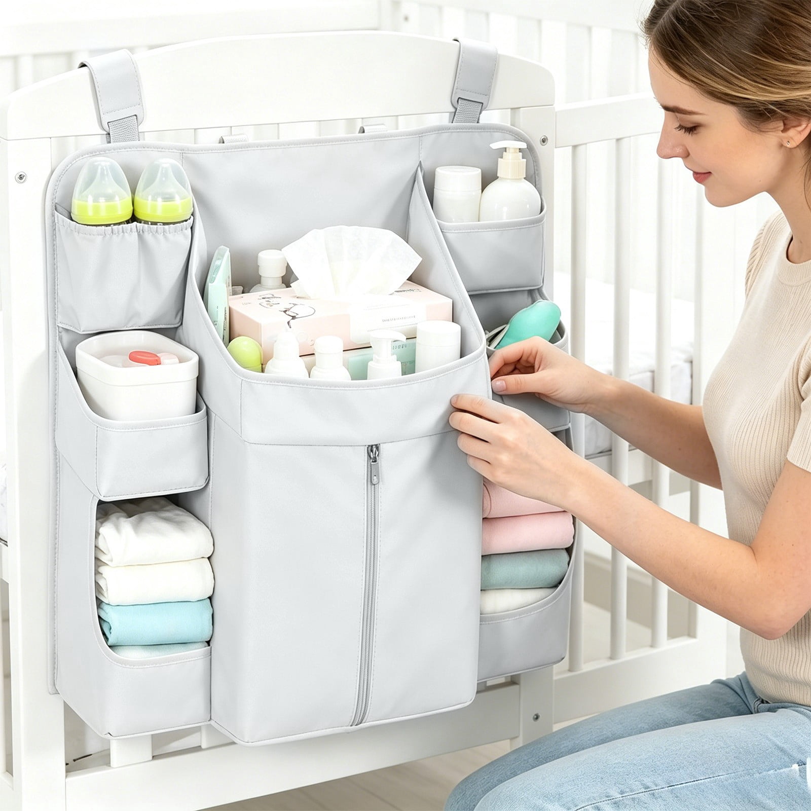 Crib Hanging Storage Bag, Large Capacity Layered Pockets, Waterproof Oxford Fabric, Drill Free Installation, Washable Nursery Organizer for Diaper Storage, Baby Essentials and Bedroom Tidying