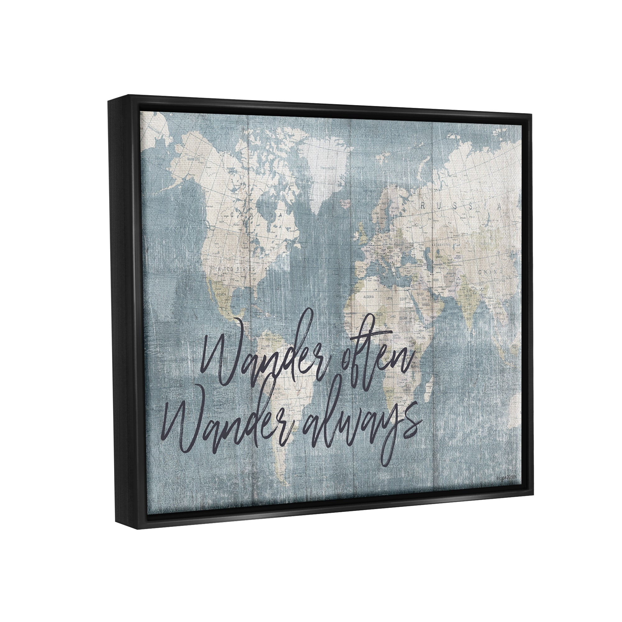 Stupell Industries Distressed Pattern World Map Wander Often Always Phrase Jet Black Framed Floating Canvas Wall Art, 16x20, by Kyra Brown