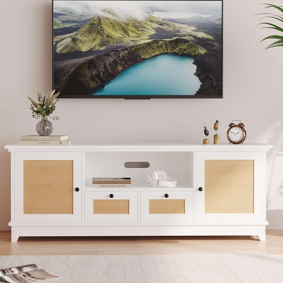 Modern Rattan TV Stand - 70 Inch TV Console with 2 Cabinets & Drawer, White Media Console Cabinet for Living & Bedroom
