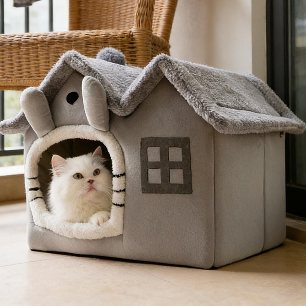 Pekkaxy Foldable Cat Bed, 13 x 12 x 11.8 Inch Gray Cave, Thick Coral Fleece for Indoor Winter Warmth and Security