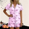 thumbnail image 2 of JIAYUE Women's Pajamas Set Halloween Themed Short Sleeve Notched Collar Buttons Down PJS Tees With Shorts Two Piece Festive Print Lightweight For Holiday Party Homewear Night, 2 of 7
