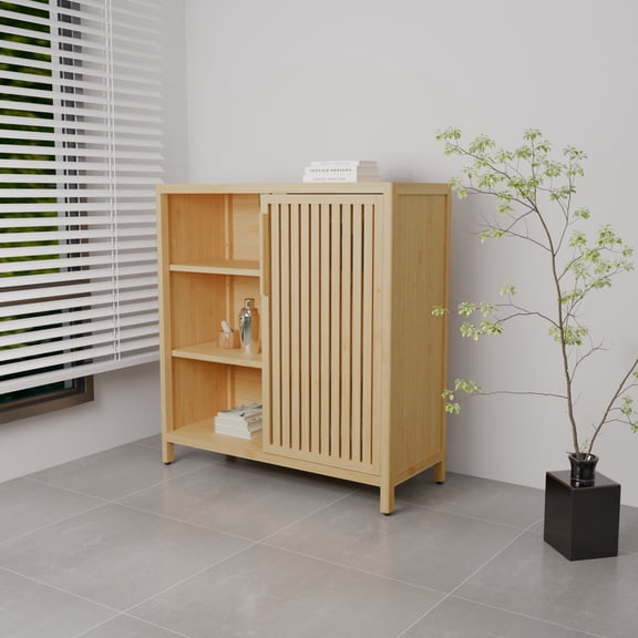 GDF Studio Bamboo Storage Cabinet with Single Door and Open Shelves, Natural Finish