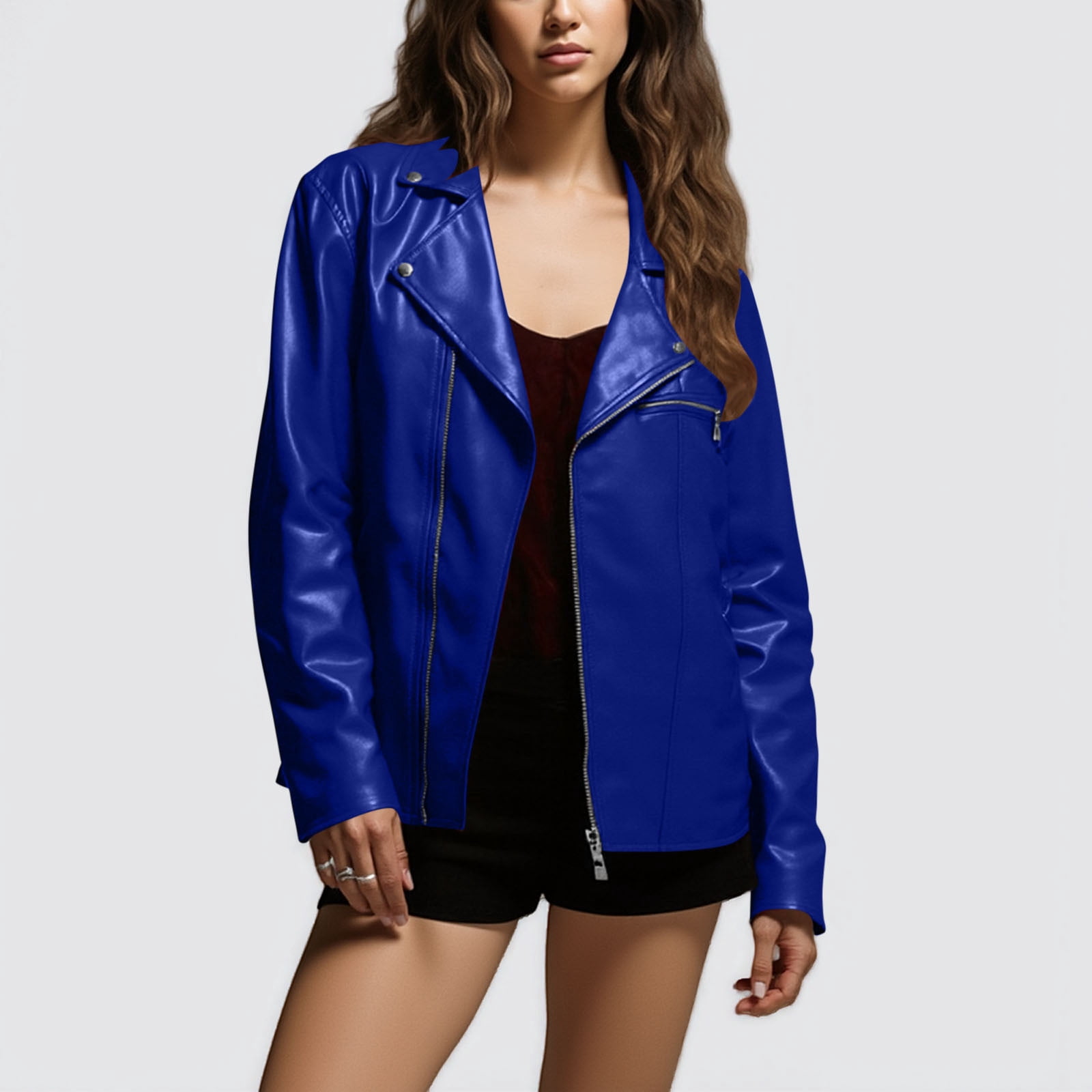 Miluxas Women's Leather Casual Jacket Lightweight Faux Leather Fall Spring Biker Vintage Jackets Blue S(S)