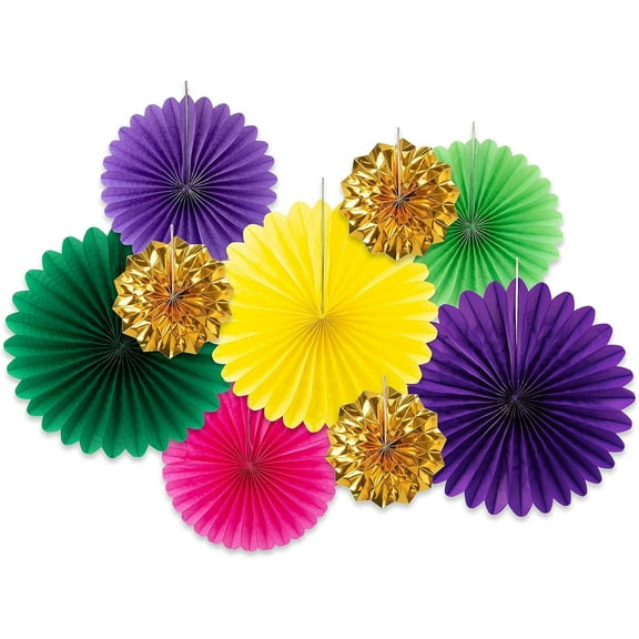 Cheerland 9Pcs Colourful Mardi Gras Hanging Fans for Parties, Carnivals, Festivals