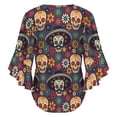 thumbnail image 6 of Colorful Collection Of Skulls And Flowers Women's V-Neck Blouse With 3/4 Ruffled Bell Sleeves Casual Top Ladies Blouses, 6 of 7