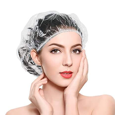 Gorros de ducha desechables para procesamiento de cabello, gorros de plástico transparente para Spa, uso doméstico, Hotel y peluquería, elástico transparente de plástico WD.WDQZL Hogar