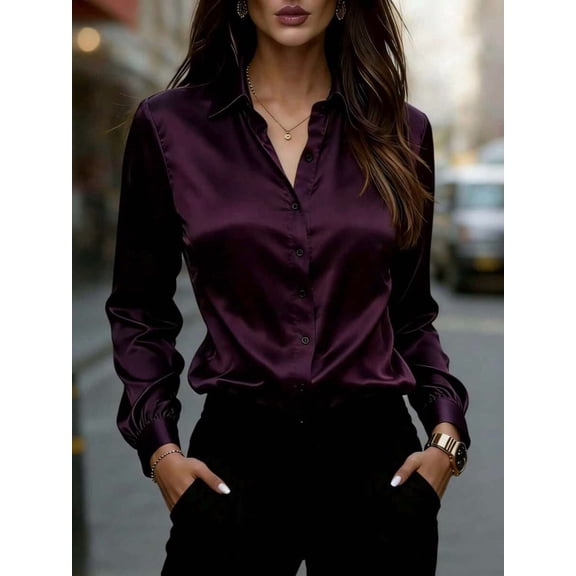 Women's Button Down Collared Shirt, Point Collar Long Sleeve Slim Fit Blouse, Curved Hem Classic Top, Business Casual Work Office Wear