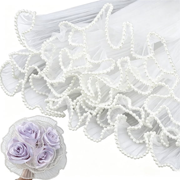 Bouquet Wrapping Paper 4 yards Pearl Edge Floral Mesh for Wedding /Anniversary Gifts/Florist Supplies (White)
