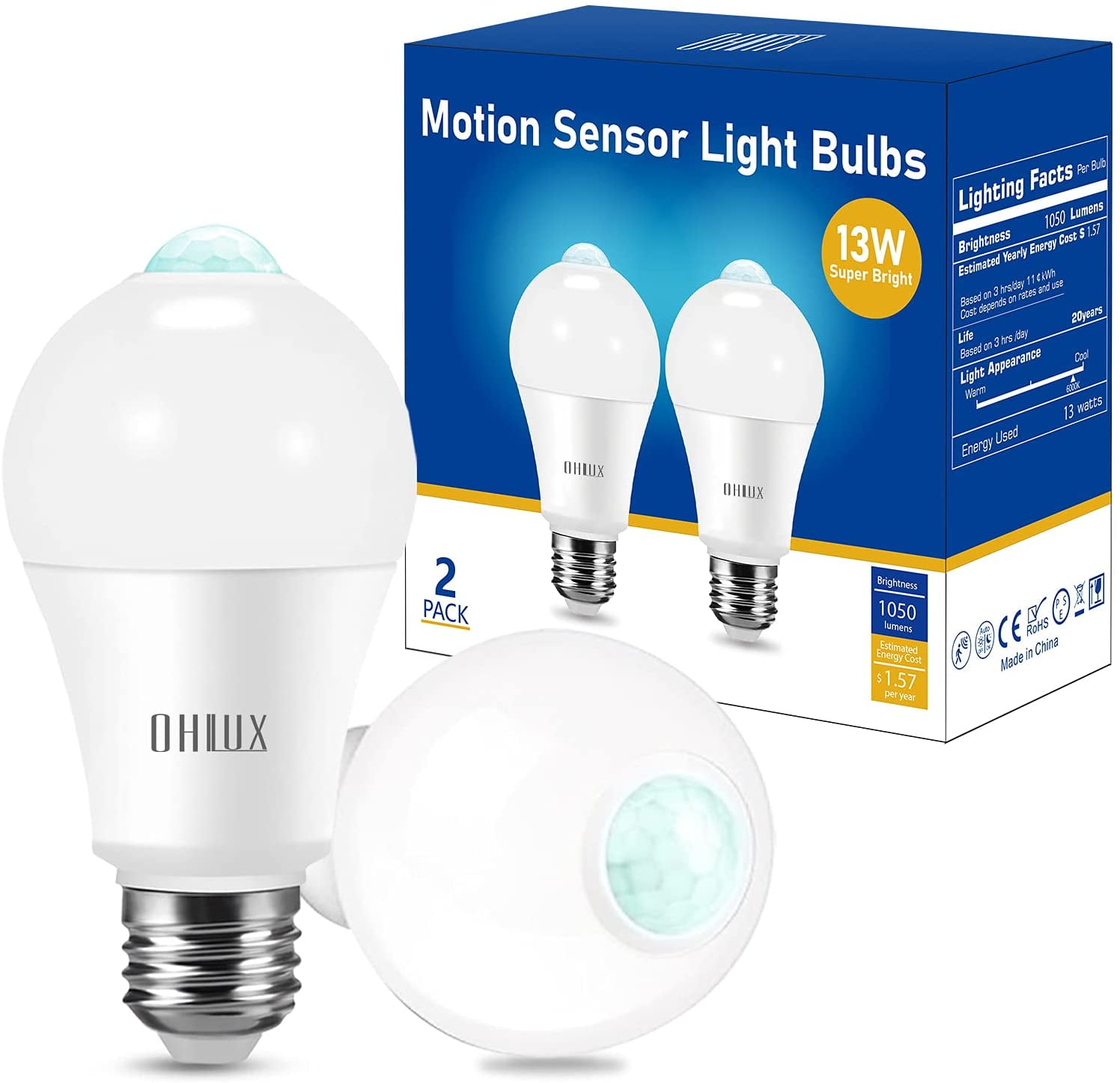OHLUX Motion Sensor Light Bulbs, 13W (120W Equivalent) Movement Activated Dusk to Dawn Outdoor