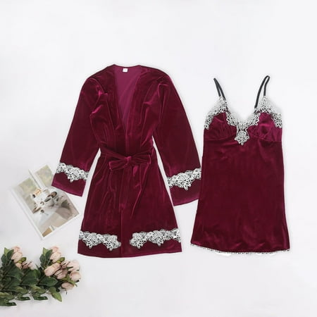 

Ykohkofe Nightgown Gold Velvet Pajamas Lace Nightdress Underwear Sleepwear Trousers