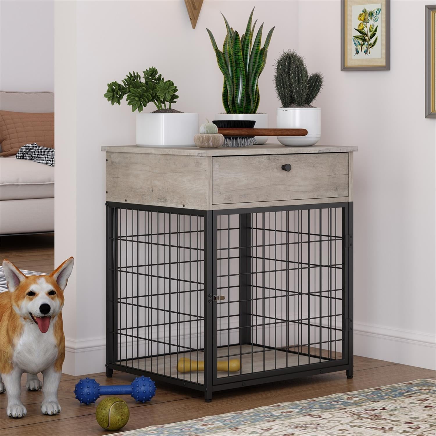 Pefilos 31.5" Wood Dog Crates for Indoor Dogs, Dog Cages with Ttray, 3 Adjustable Height Feeding Bowls, Dog Kennel House, Gray Pefilos 31.5" Wood Dog Crates for Indoor Dogs, Dog Cages with Ttray, 3 Adjustable Height Feeding Bowls, Dog Kennel House, Gray