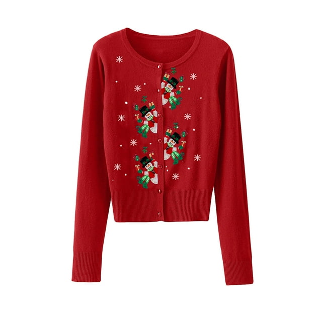 FOCUSNORM Women Christmas Knit Cardigan Long Sleeve Button Closure Embroidery Snowman Tree Casual Sweater