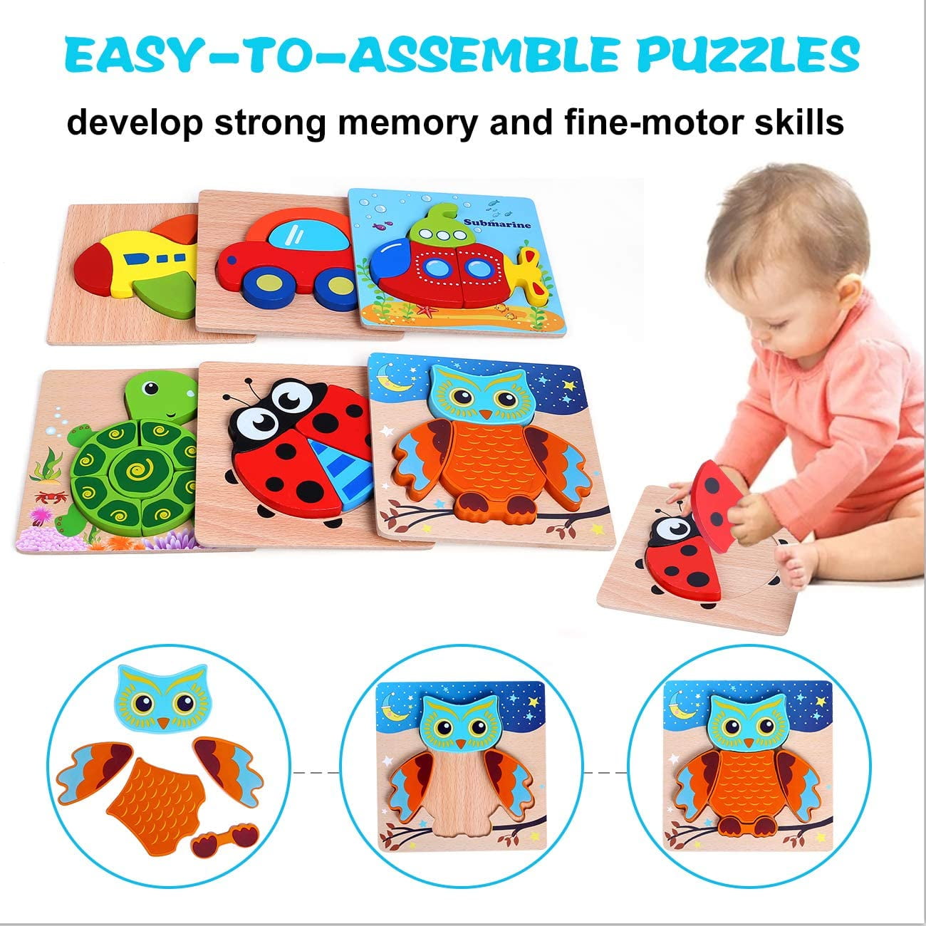 3 Year Old Boys 2 6 PACK Animal Jigsaw Wooden Puzzles For Kids Fine Motor Skill Learning Toys for 1 Preschool Educational Game for Kids /& Toddlers Wooden Puzzles for Toddlers Baby Infants Girls