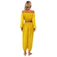 thumbnail image 2 of TiaoBug Womens Belly Dance Costume Long Sleeve Off Shoulder Crop Top+Sequined Dots Chiffon Pants Set Yellow One Size, 2 of 3