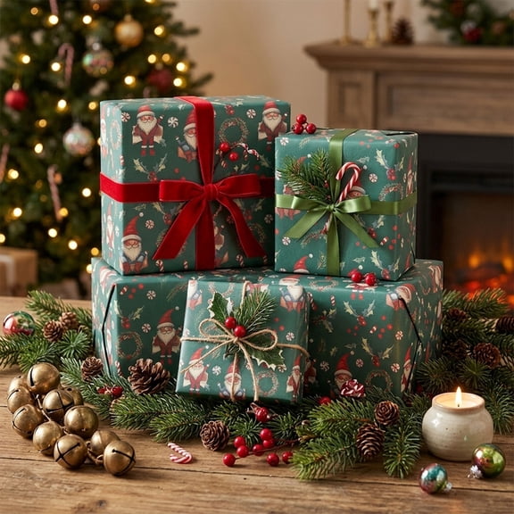 Vintage Christmas Wrapping Paper, 29 x20 In Heavyweight Holiday Gift Wrap with Santa & Xmas Tree Designs, Tear-Resistant Paper for Holiday Presents