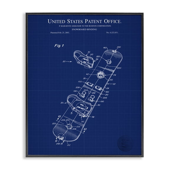 Stupell Industries Snowboard Binding Blueprint Transportation Painting Black Framed Art Print Wall Art, 11 x 14
