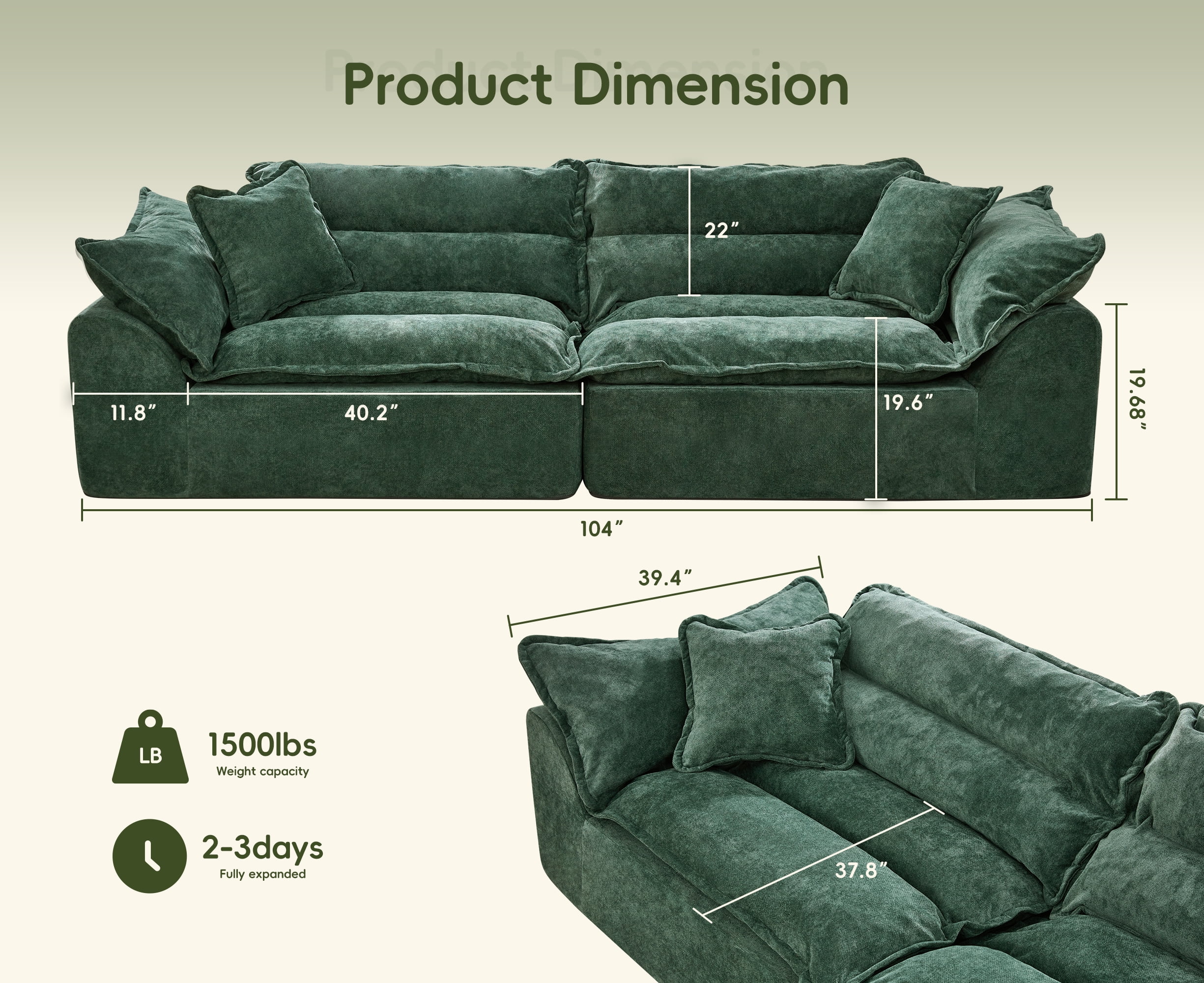 Hobestluk 104" Sectional Sofa Couches 3 Seater Modular Sofa, Boneless Couch, Cloud Couch with Removable Cushion, Modular Sectional Couches for Living Room(Green)